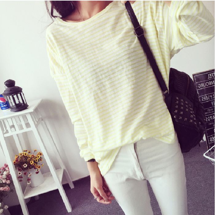 Women's striped long-sleeve shirt with soft textured fabric and casual fit