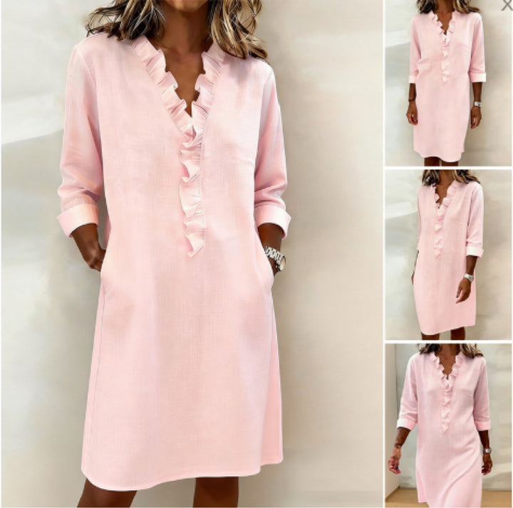 Damen Freizeitkleid mit Rüschen und V-Ausschnitt Lisslune