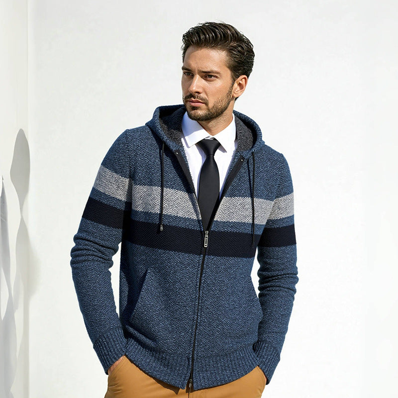 Men's fashionable knit hoodie with contrasting decorative stripes and practical pockets Lisslune