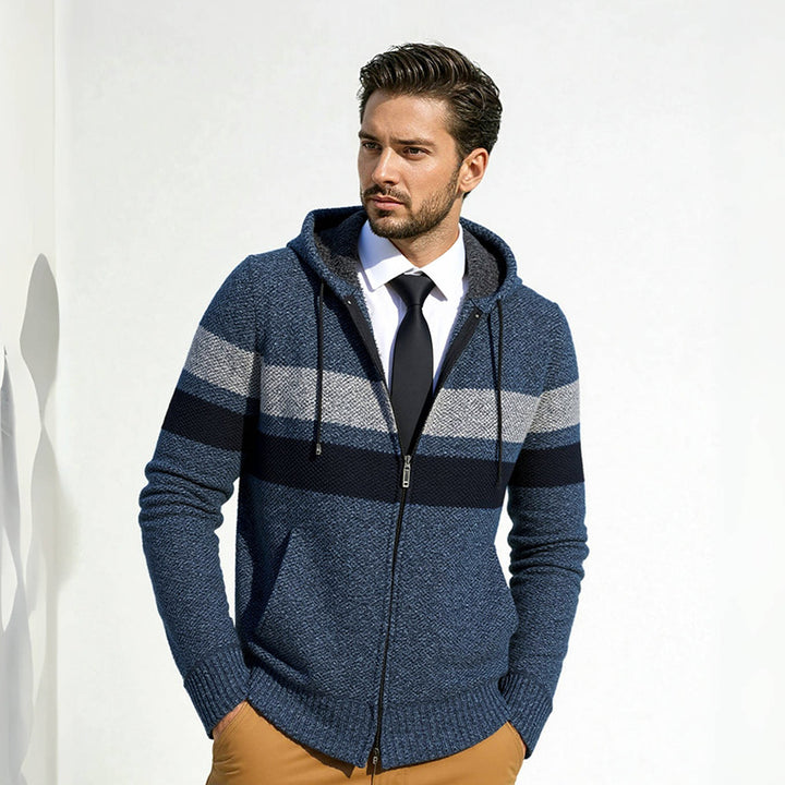 Men's fashionable knit hoodie with contrasting decorative stripes and practical pockets Lisslune