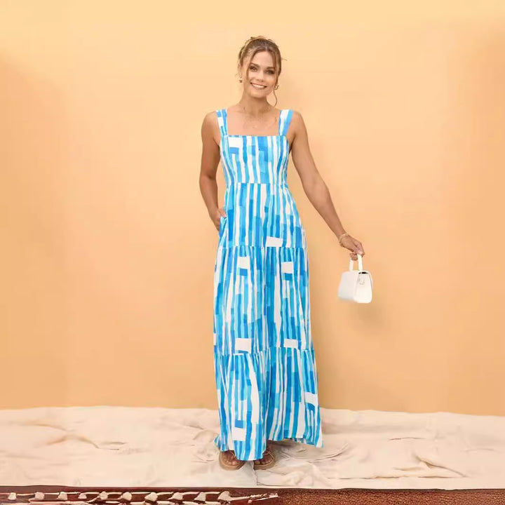 Ladies' maxi dress with adjustable straps and unique striped pattern Lune London