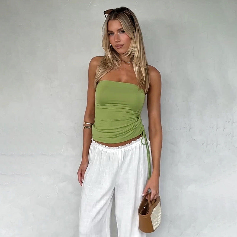 Women's elastic wrap top with delicate gathering and tailored silhouette