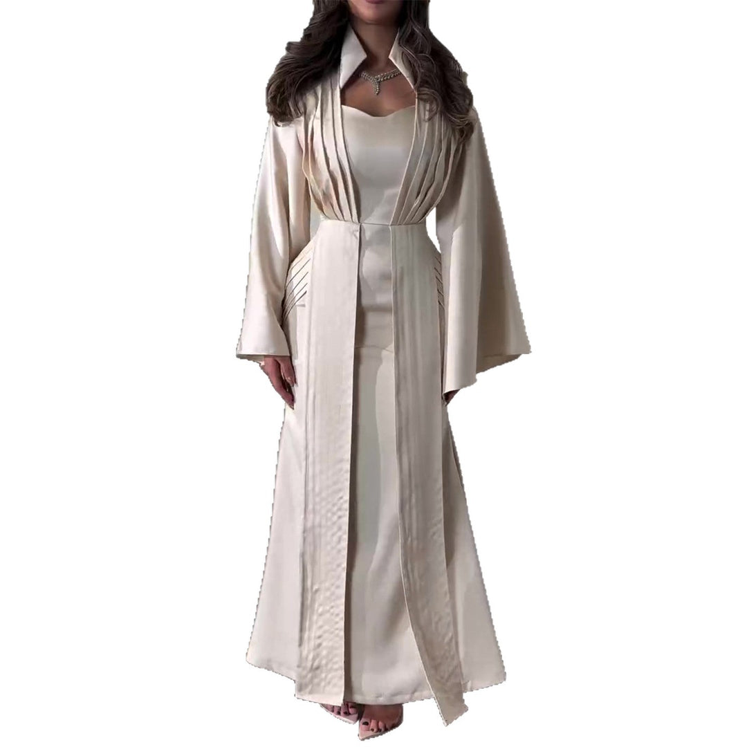 Ladies elegant maxi dress with chic waist cut and luxurious satin trim