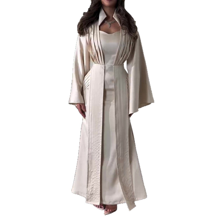 Ladies elegant maxi dress with chic waist cut and luxurious satin trim