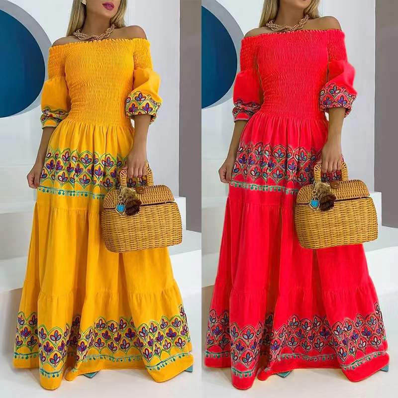 Women's Boho Maxi Dress with Off-the-Shoulder Design and Playful Embroidery Detail