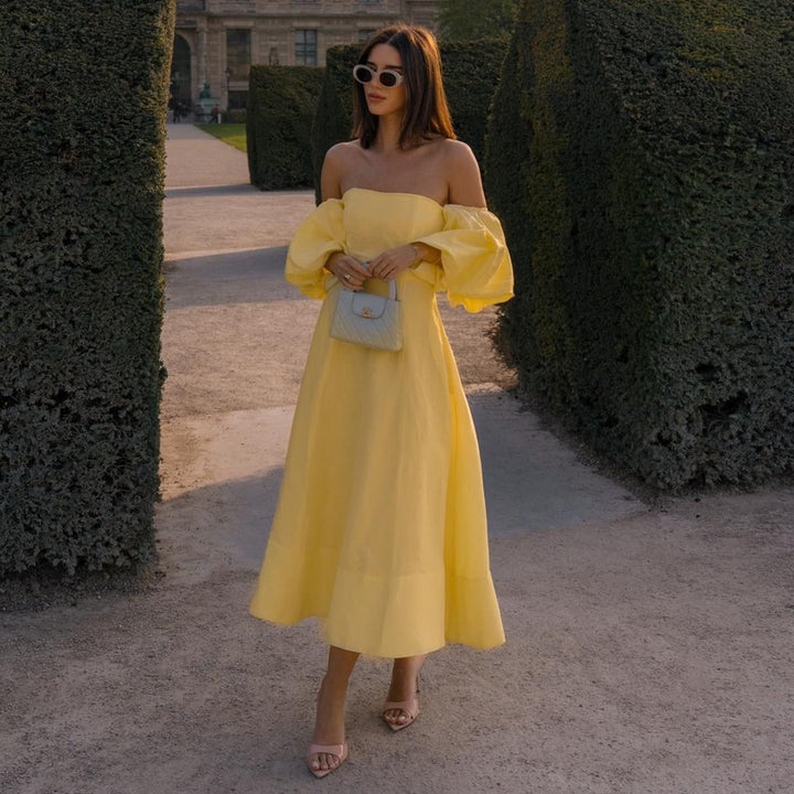 Ladies Off-Shoulder Maxi Dress with Voluminous Sleeves and Elegant Cut Lisslune