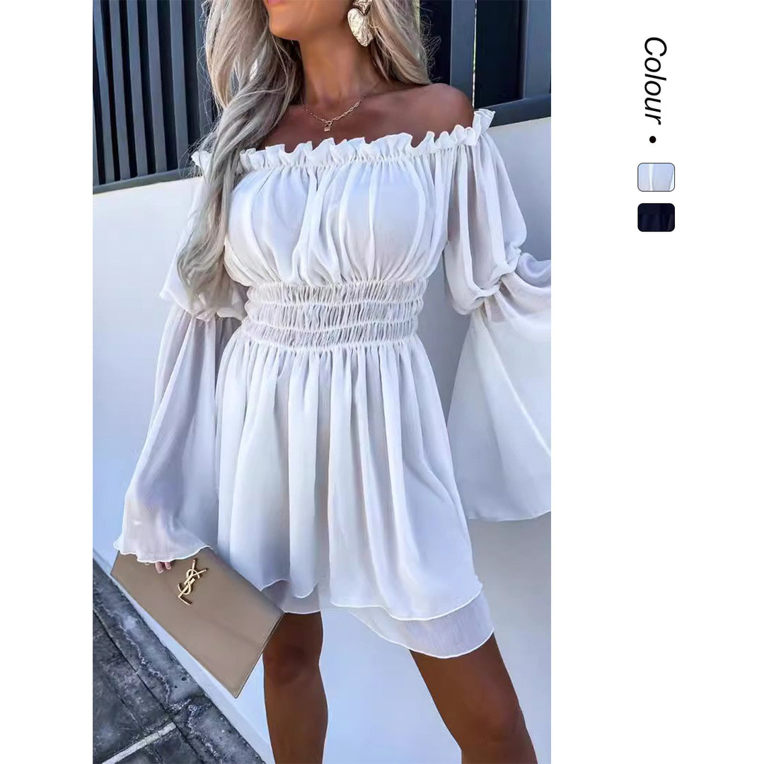 Women's Off-Shoulder Mini Dress with Elastic Waistband and Flowing Fabric
