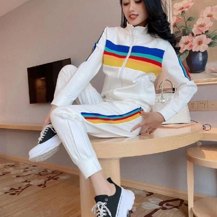 Women's sporty leisure set with high collar and colorful stripes Lisslune