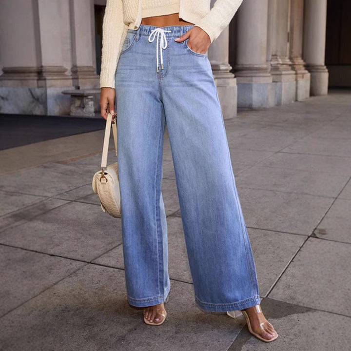 Women Wide Cut Denim Trousers with Elastic Waistband and Modern Drawstring Lisslune