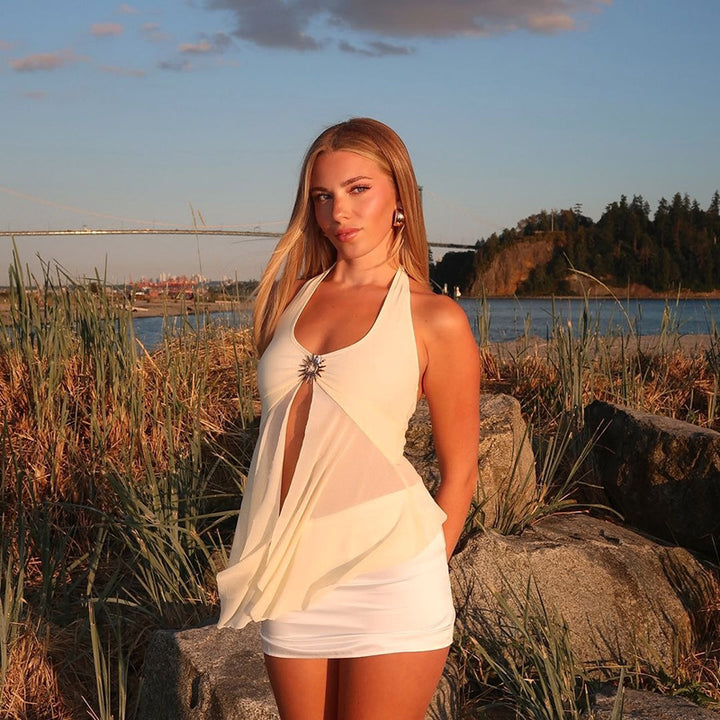 Women's casual halter top with transparent chiffon and elegant appliqué Lune London
