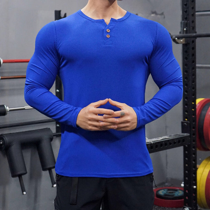 Men's Long Sleeve Henley Shirt with Textured Rib Design Lisslune
