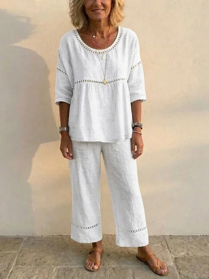 Women's Complete Linen Loungewear Suit with Airy Fit and Lace Accents Lisslune