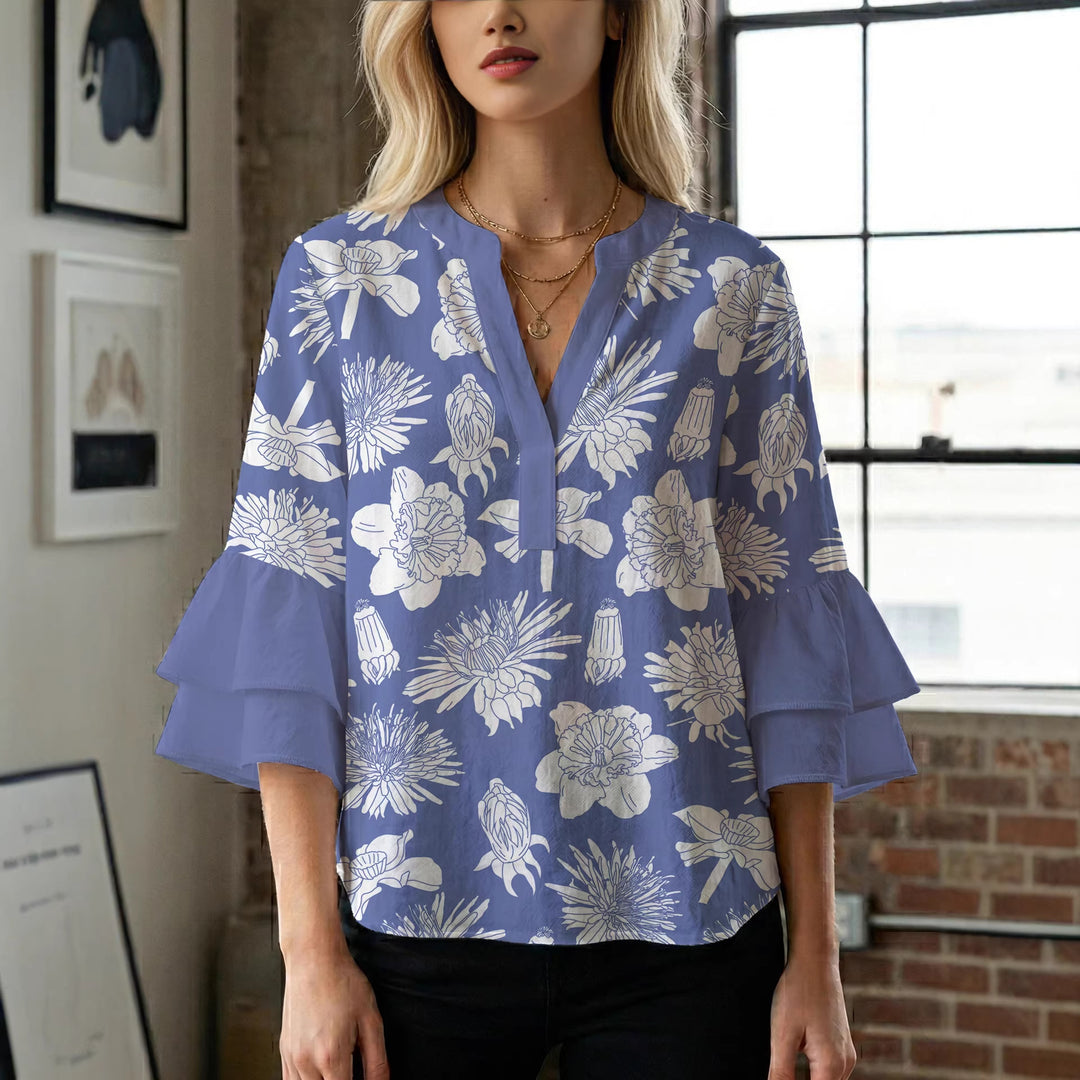 Ladies elegant blouse shirt with voluminous puff sleeves and graphic floral design Lisslune