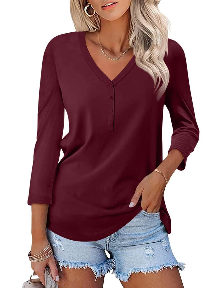 Women Long Sleeve Shirt with Button Placket and V-Neck Lisslune