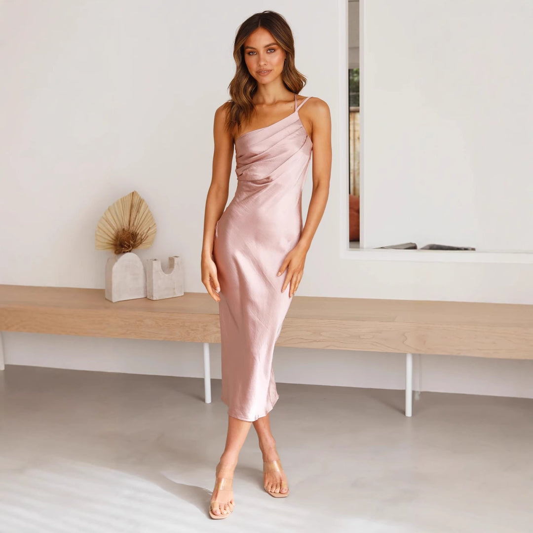 Women's satin midi dress with asymmetrical cut and elegant flair Lune London
