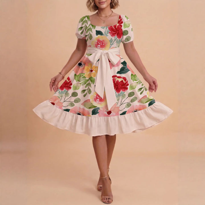 Women A-line dress with floral motifs and adjustable belt Lisslune