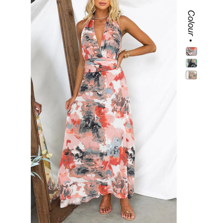 Ladies maxi dress with deep V-neck and elegant tie belt Lune London