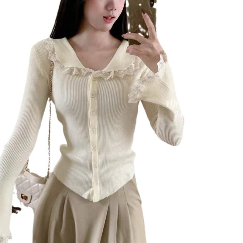 Women's Long Sleeve Ribbed Top with Lace Details