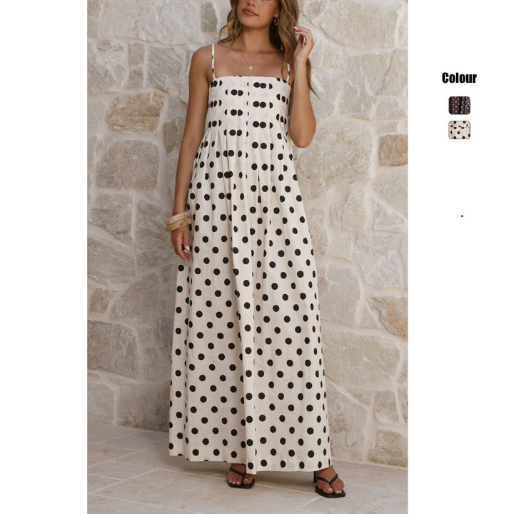 Women’s maxi dress with playful polka dot pattern and off-the-shoulder straps