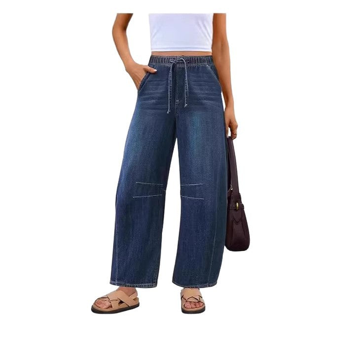 Damen weite Denim-Hose mit elastischem Bund und praktischem Schnitt Lisslune