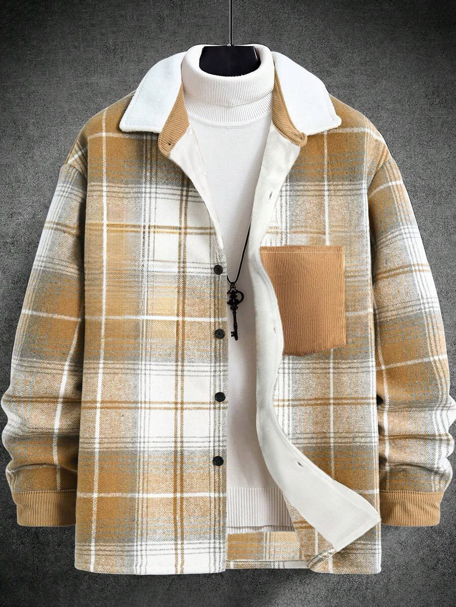 Men's Casual Flannel Jacket with Checkered Pattern and Patch Pocket Lisslune