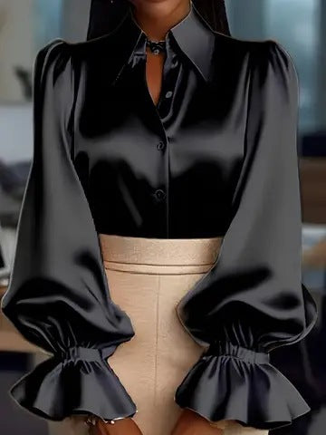 Damen elegante Seidenbluse mit Puffärmeln und schicker Knopfleiste Lisslune