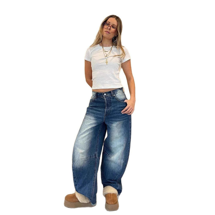 Ladies fashionable wide jeans with a unique cut and high waistband Lisslune