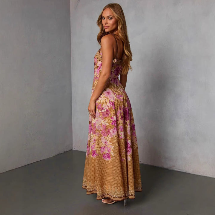 Women's maxi dress in romantic Bohemian style with floral accents and adjustable straps