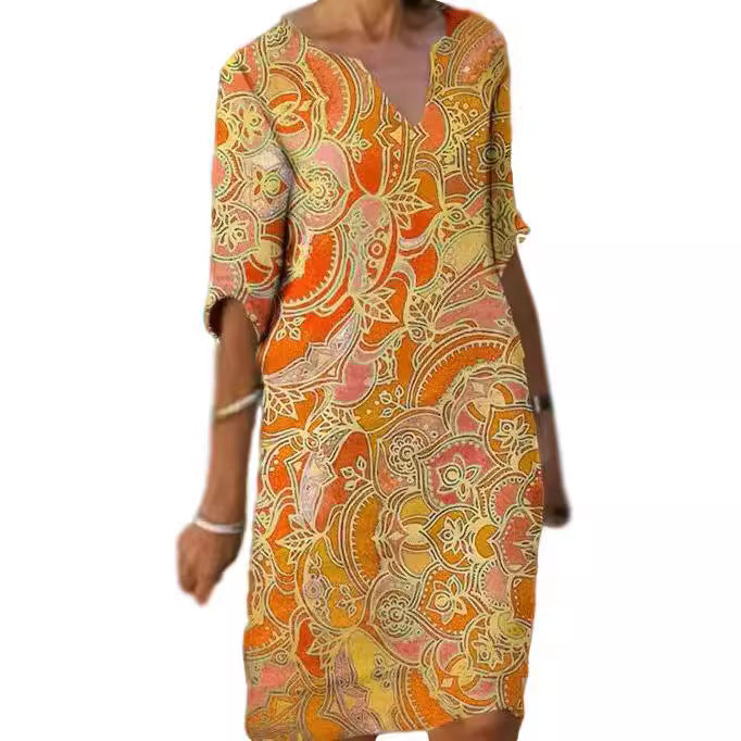 Women's casual light dress with elegant V-neck and colorful pattern