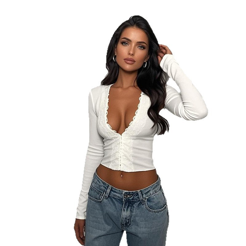 Women's long-sleeved top with deep V-neck and decorative ruffle design