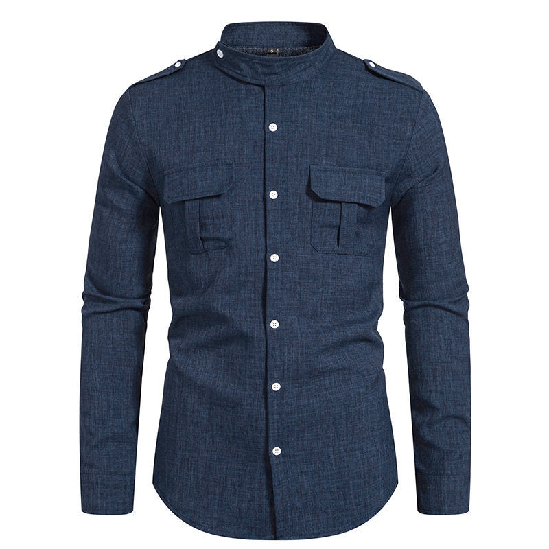 Men's long sleeve shirt with elegant breast pockets and modern stand-up collar Lisslune