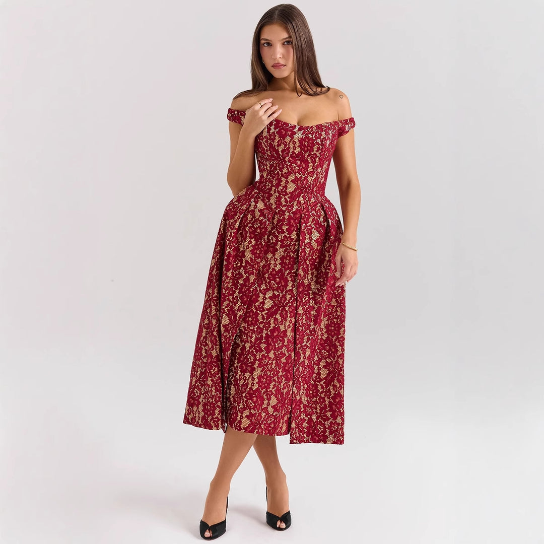 Women's evening dress with refined lace appliqués and elegant cut