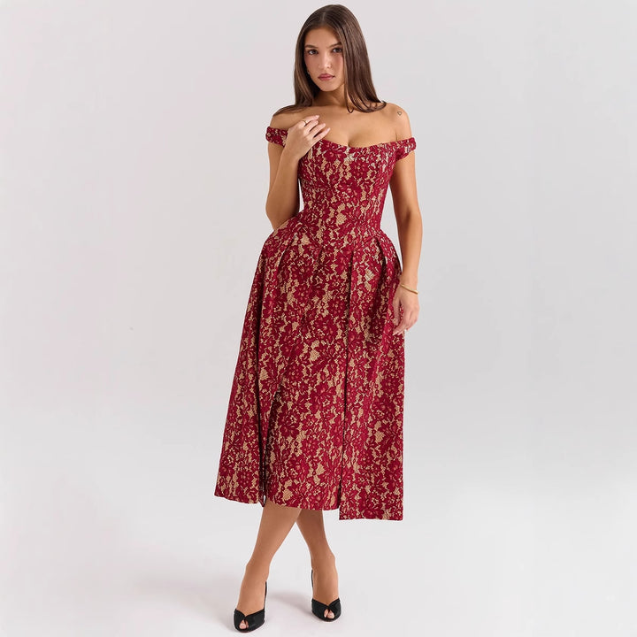 Women's evening dress with refined lace appliqués and elegant cut