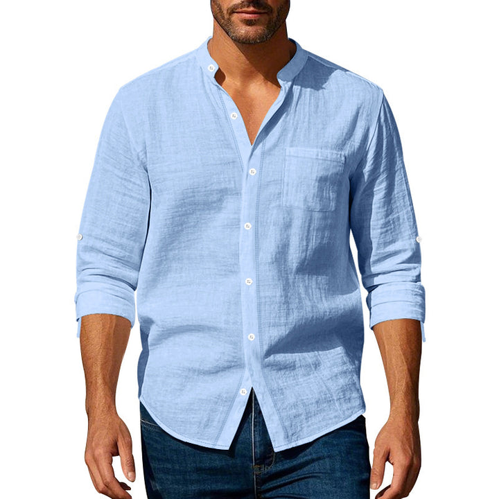 Men's casual long-sleeve shirt with modern stand-up collar and practical chest pockets Lisslune