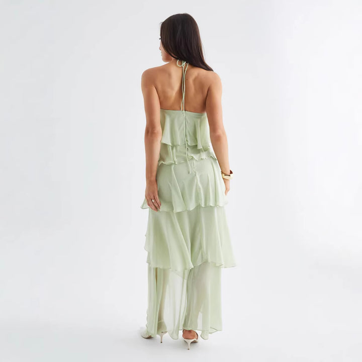 Women's Airy Chiffon Maxi Dress with Ruffle Details and Elegant Halter Neck Lisslune