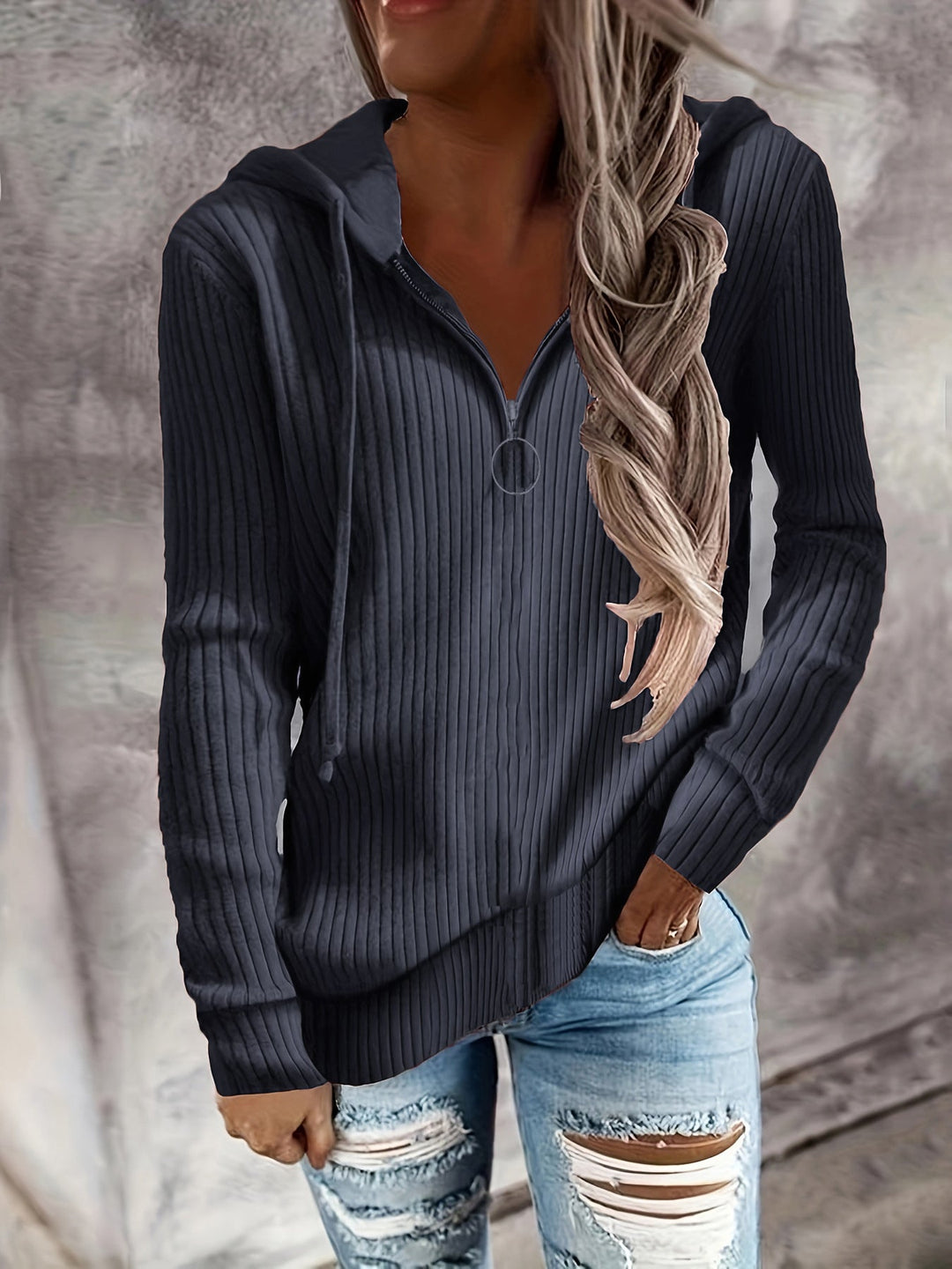 Damen Hoodie mit Reißverschluss und Lässigem Rippenstrickdesign Lisslune