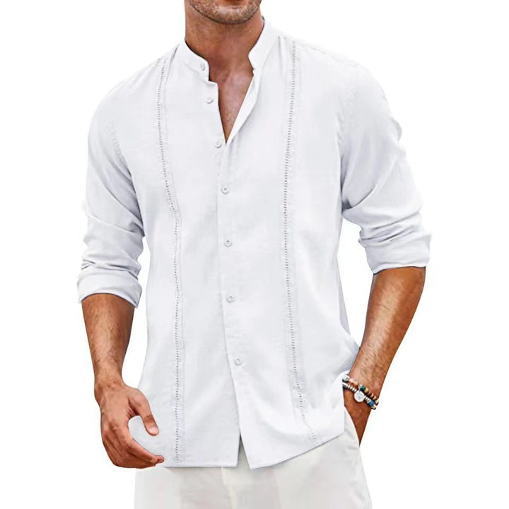 Men's Long Sleeve Linen Shirt with Stand Collar and Fine Embroidery Details Lisslune