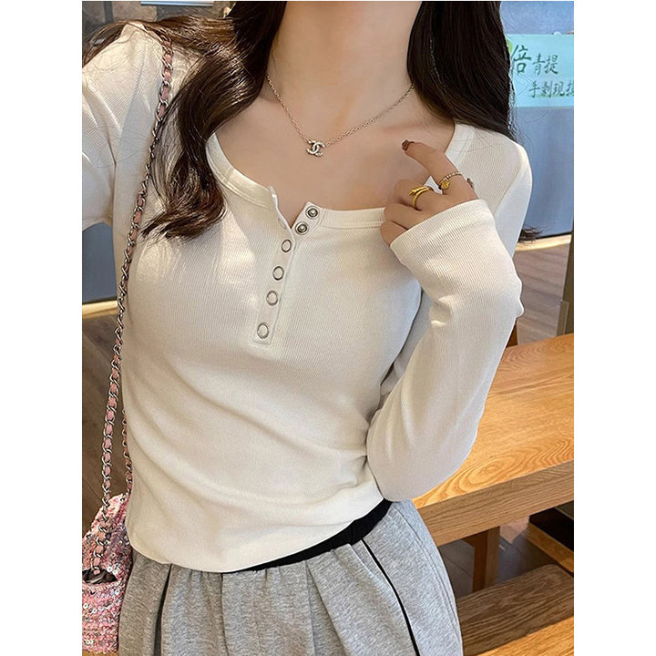Women's Long Sleeve Shirt with Button Placket and Fine Ribbed Texture