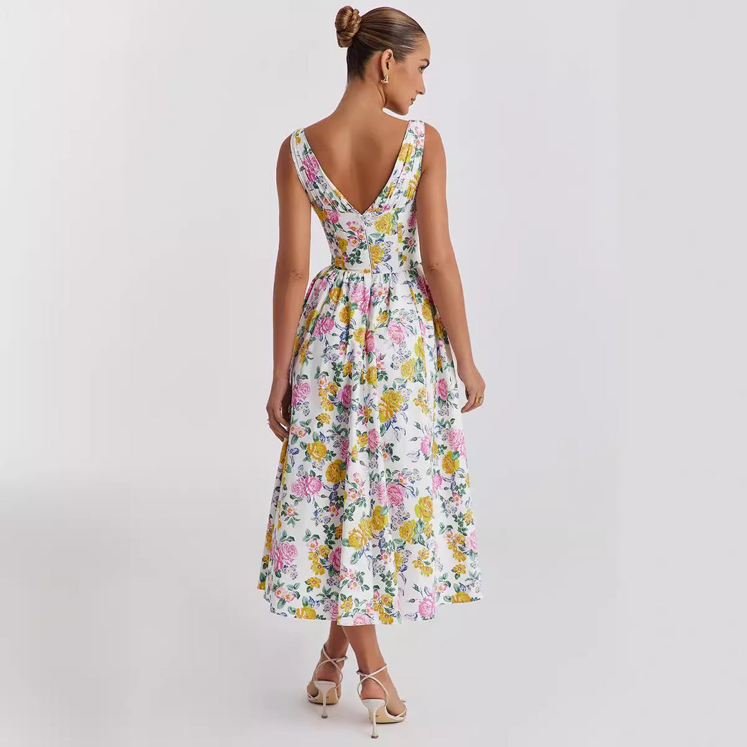 Ladies midi dress with floral accents and fitted top