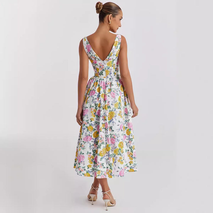 Ladies midi dress with floral accents and fitted top