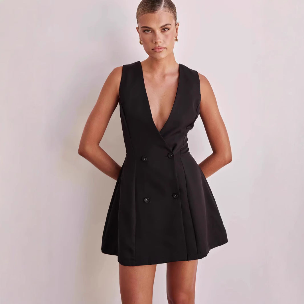 Women's reversible dress with deep V-neckline and double button placket Lune London