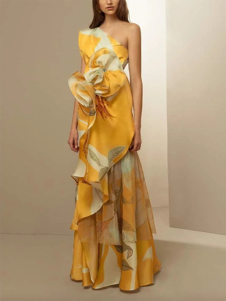 Women's elegant asymmetrical evening dress with flowing skirt and eye-catching ruffle details