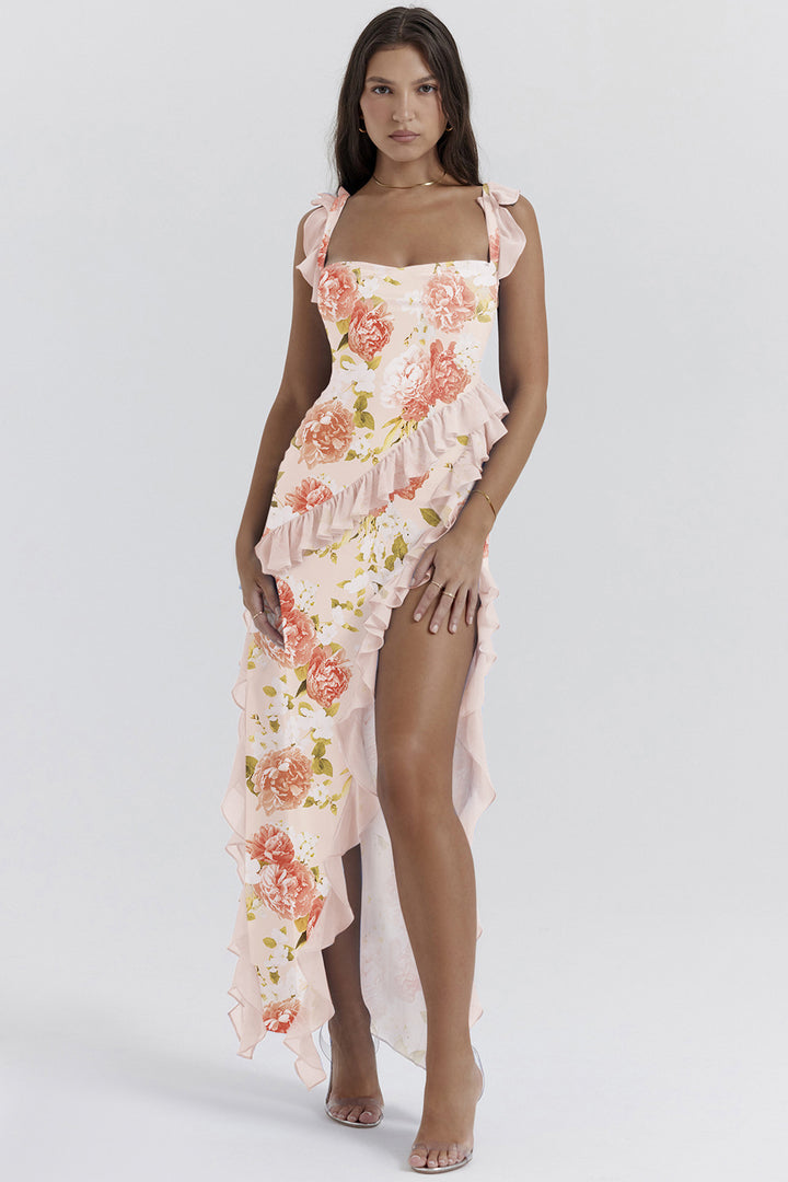 Women's Maxi Dress with Ruffle Details and Floral Design