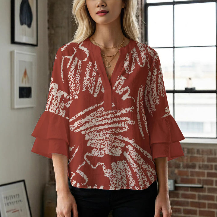Ladies elegant blouse shirt with voluminous puff sleeves and graphic floral design Lisslune