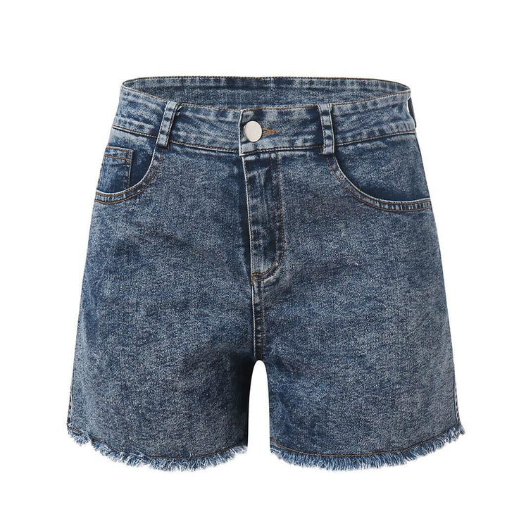 Ladies high-waisted denim shorts with fringed hem Lisslune