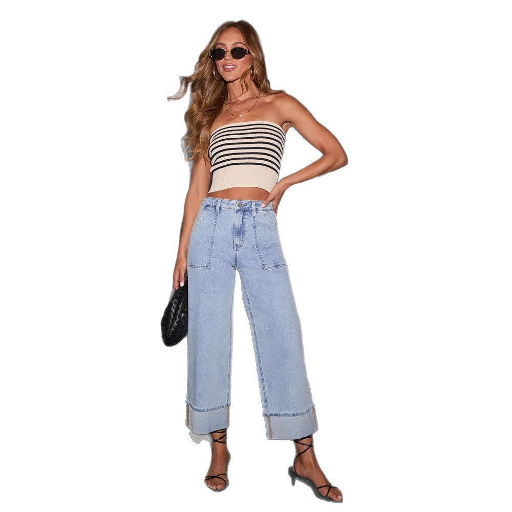Women's wide-cut jeans with pockets and fashionable hem Lisslune