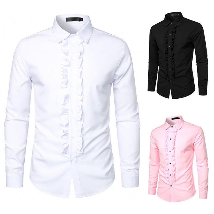 Men's Long Sleeve Shirt with Ruffle Decoration and Elegant Button Details Lisslune
