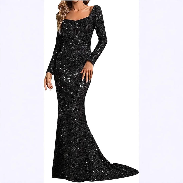 Ladies Glamorous Glitter Evening Dress with Swinging Skirt and Voluminous Sleeves Lisslune