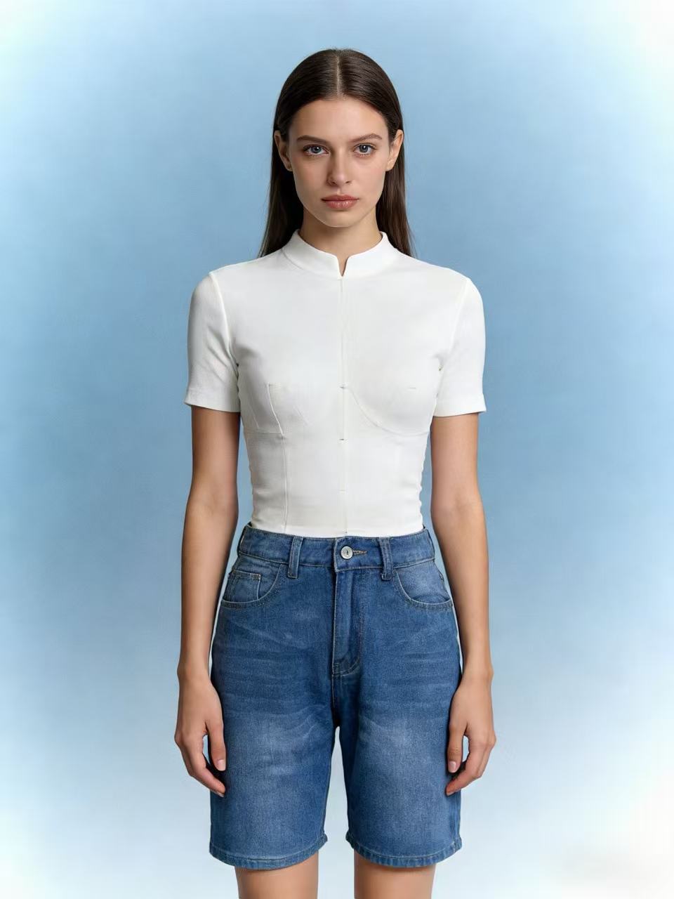 Women's fitted cropped top with stand-up collar and short sleeves Lisslune