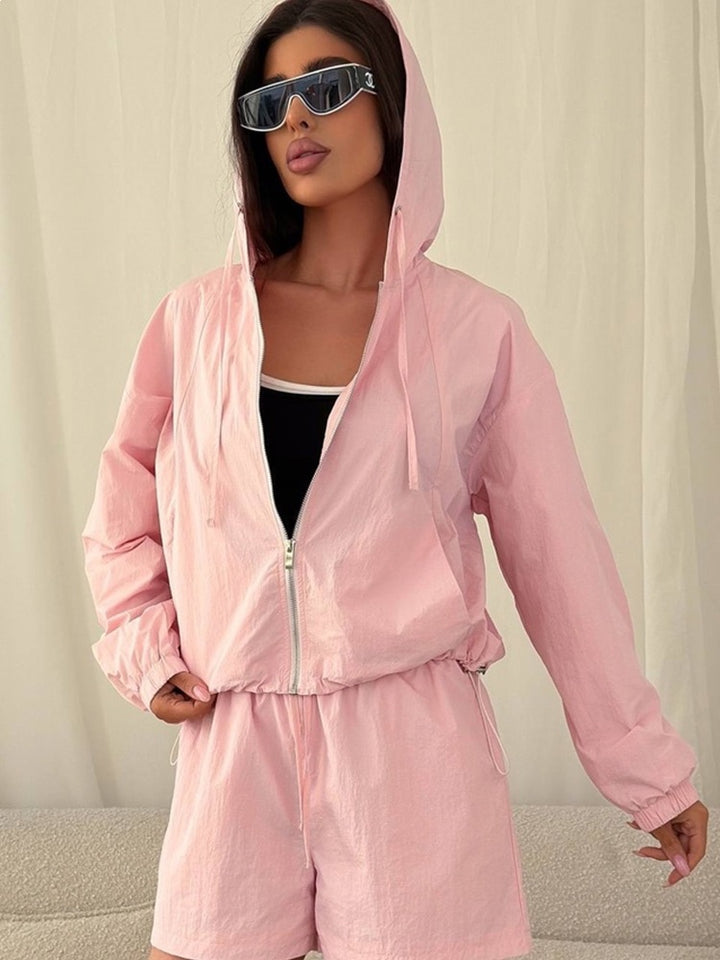 Women's Sporty Short Sleeve Set with Hooded Jacket and Elastic Waistband